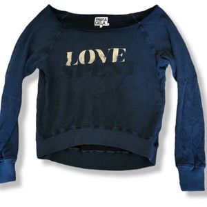 Pam & Gela Women's Sm Navy Blue Black Gold Love Spent Distressed Sweatshirt Top